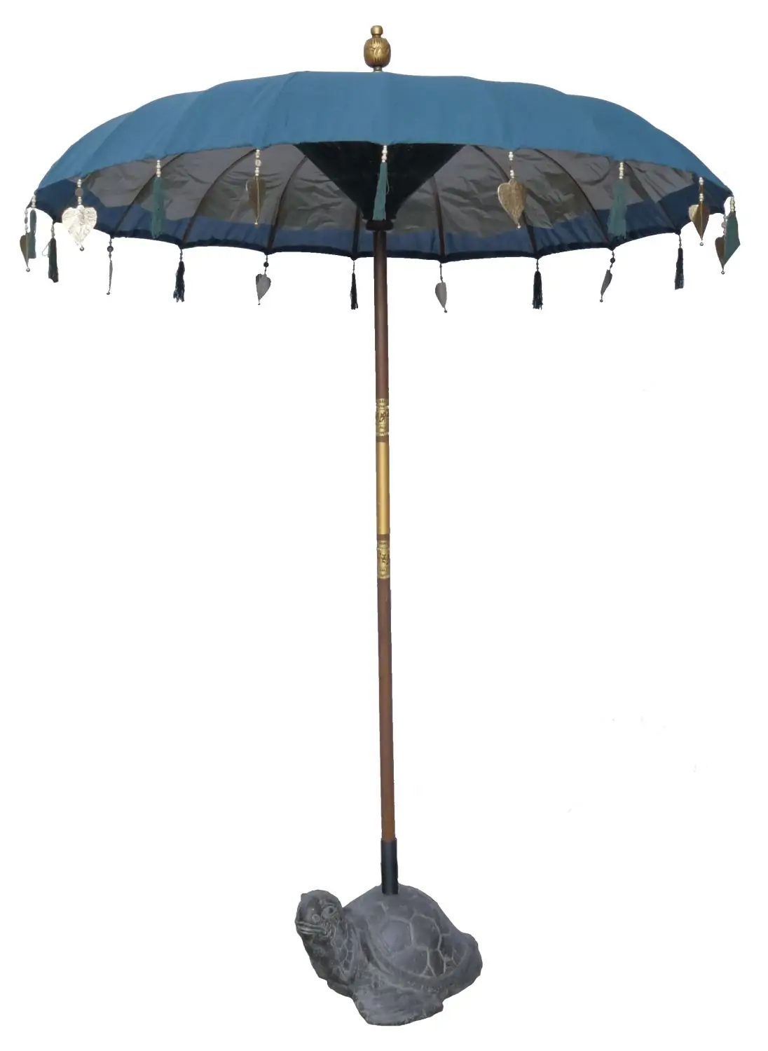 Artikelbild 1 des Artikels “Bali-Schirm, Blau 2, mit Holzmünzen und Blattgold am Rand. Ca. 190cm Durchmesser und 250cm Höhe “